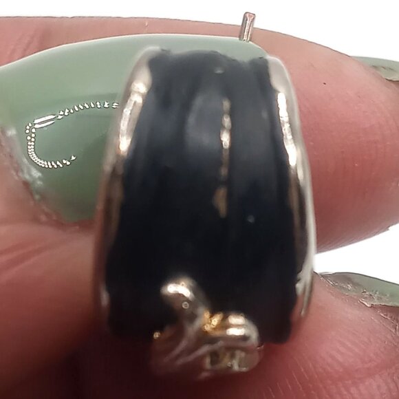 Panther Earrings Black Enamel Silver-Tone Pierced Back Open Half Hoop 1"Earrings - Picture 8 of 11